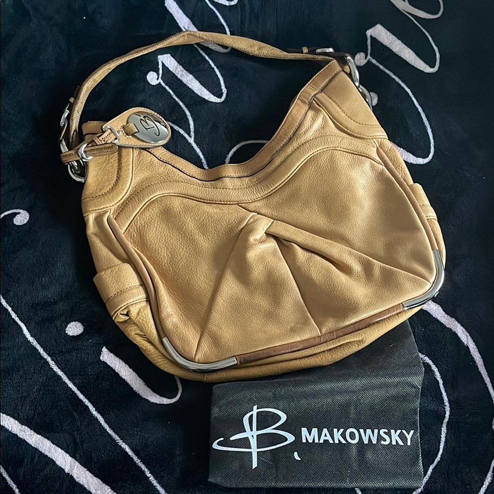 VIDEO- B. Makowsky Tan Leather Hobo Bag with Silver Hardware